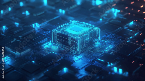 AI chip background with circuit light elements in blue on technology dark background. Circuit board, AI semiconductor and computer processor. Abstract polygonal microchip. Low poly vector illustration