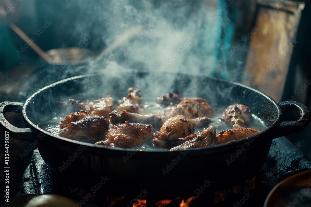 Chicken Pieces Frying in Cast Iron Pan Over Open Fire With Steam Chicken Pieces Frying in Cast Iron Pan Over Open Fire With Steam