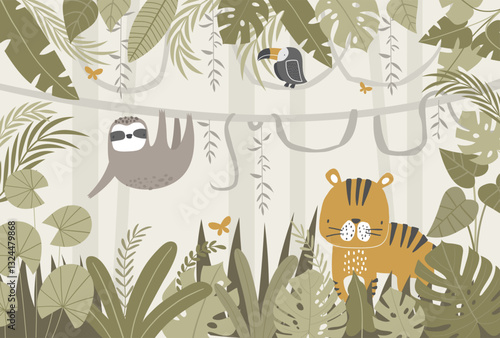 Vector illustration cute tiger, sloth, toucan, tropical leaves, jungle. Tropical wallpaper for children's room. Kids room design, wall decor. Mural. Wall art. African. Safari.