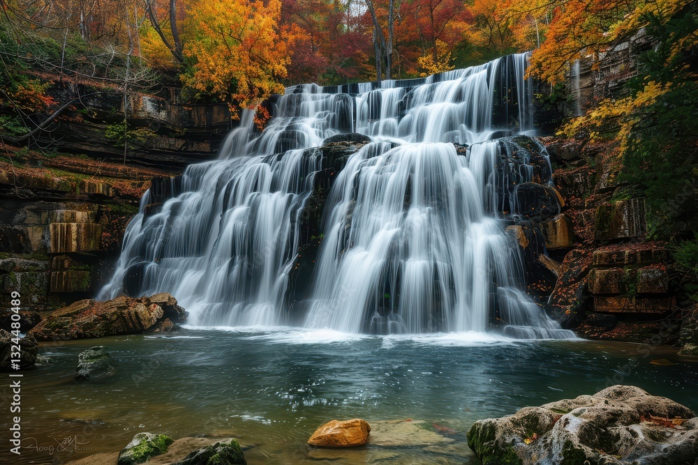 Obraz premium Majestic waterfall cascading over rocks surrounded by vibrant autumn foliage in a serene natural setting