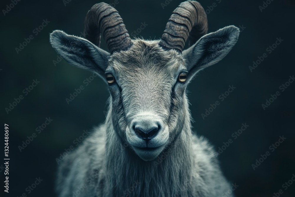 Majestic Gray Goat Staring Directly Forward with Twisted Horns and Golden Eyes on a Dark Background Majestic Gray Goat Staring Directly Forward with Twisted Horns and Golden Eyes on a Dark Background