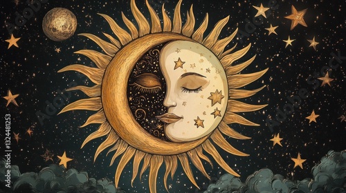 Sun and moon celestial artwork with stars.
