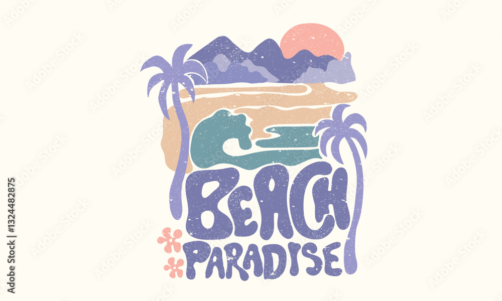 Fototapeta premium Beach vibes with board print design. Hand sketch beach vector design. Palm tree artwork. Beach wave. Beach paradise surf club. Modern art. Summer retro graphic print design.