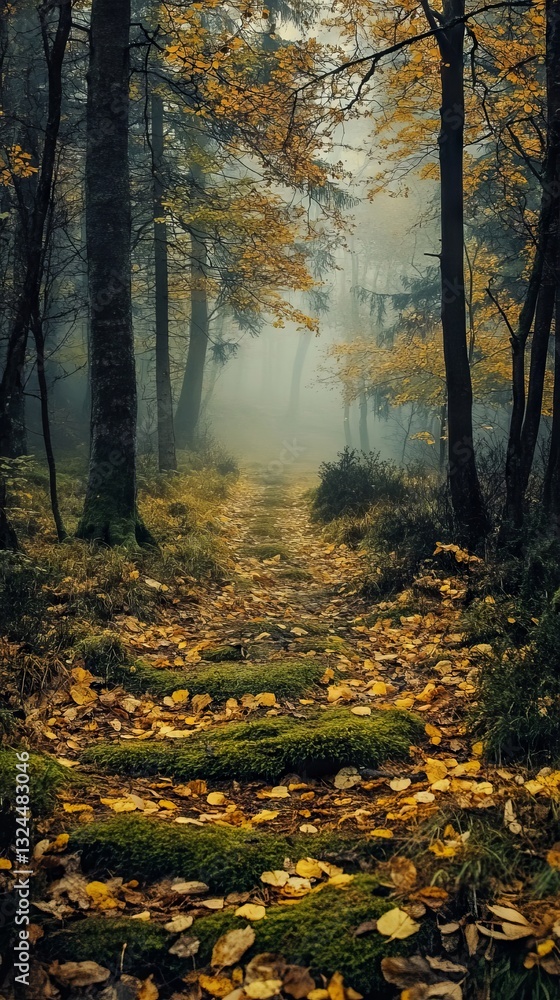 Obraz premium Moss-covered path leads through a dense autumn forest shrouded in morning mist