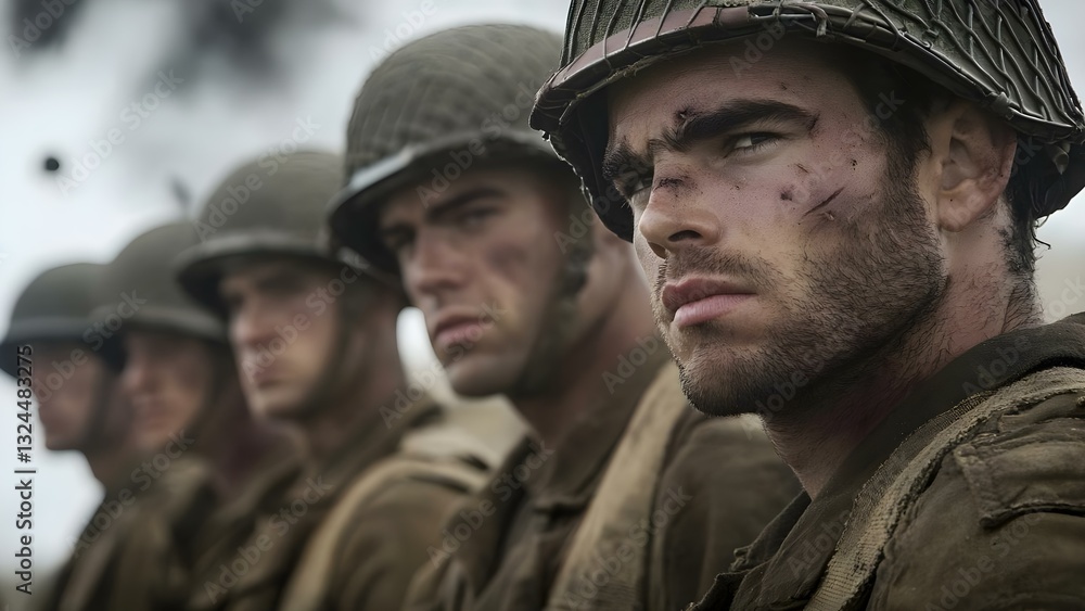 Fototapeta premium A group of soldiers in helmets, looking serious and battle-worn, reflecting the intensity of war and camaraderie. Concept Soldiers in Combat, Intense Brotherhood, War Tactics
