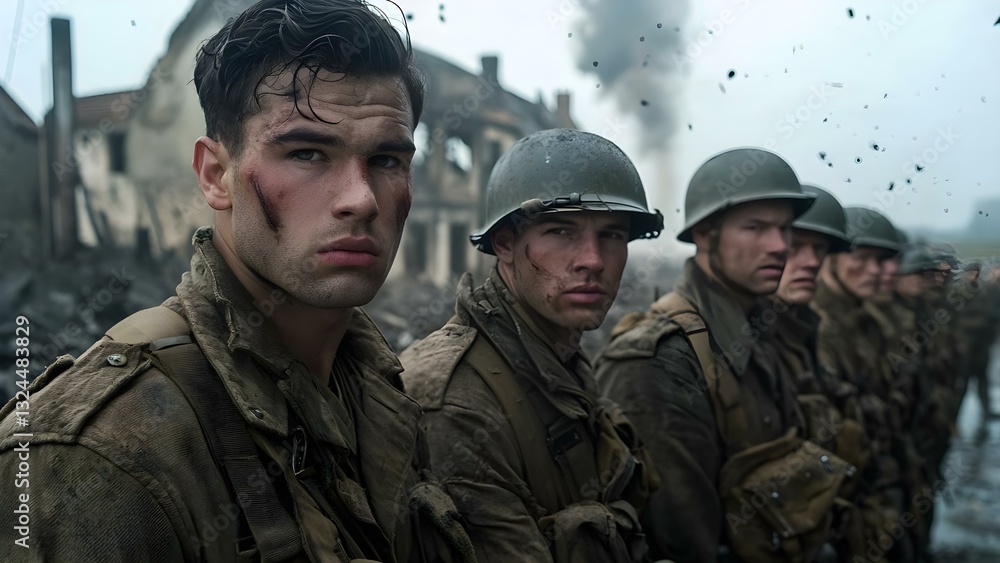 Fototapeta premium A group of soldiers in military uniforms, showing signs of battle weariness, amidst a war-torn landscape. Concept Soldiers in Uniform, Battle Weariness, War-Torn Landscape, Resilience in Adversity