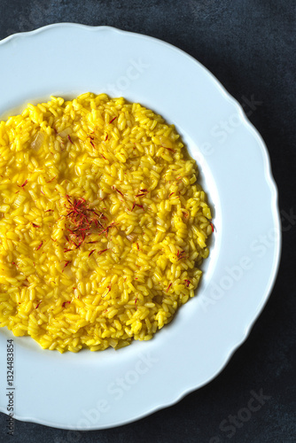 Wallpaper Mural Risotto alla Milanese in a white aristocratic dish on the dark table. A classic Lombard saffron risotto recipe. Cuisine the North Italy.  Recipes for Olympics games in Milan 2026, dark key Torontodigital.ca