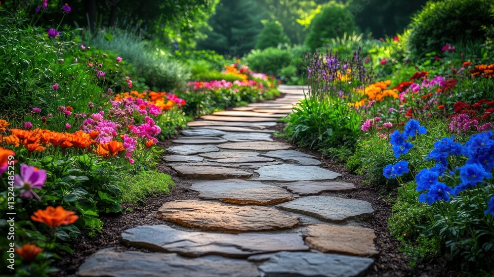 Sunlit stone path winds through vibrant garden Sunlit stone path winds through vibrant garden