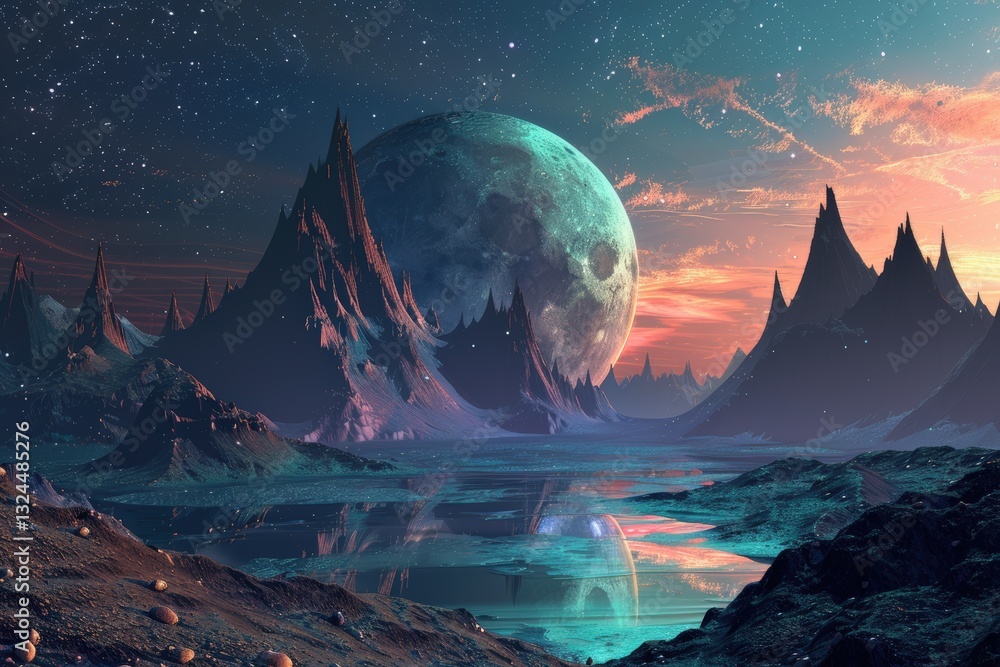 Fototapeta premium Stunning alien landscape with towering peaks and a massive planet in the evening sky