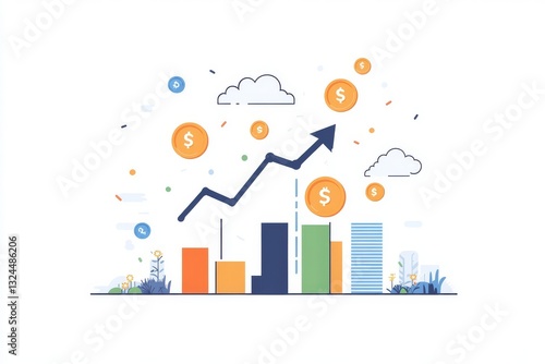 Conceptual business growth illustration with a red upward arrow, gold coin stacks, and minimalist bar chart on a clean background, representing financial success, investment, and economic progress.