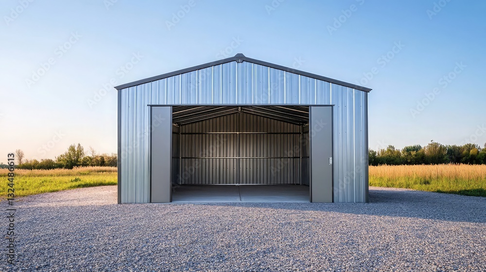 A new metal storage building sits in a rural setting. The sliding doors are open, revealing the empty interior. The structure is made of corrugated metal with a gray and silver finish. A new metal storage building sits in a rural setting. The sliding doors are open, revealing the empty interior. The structure is made of corrugated metal with a gray and silver finish.