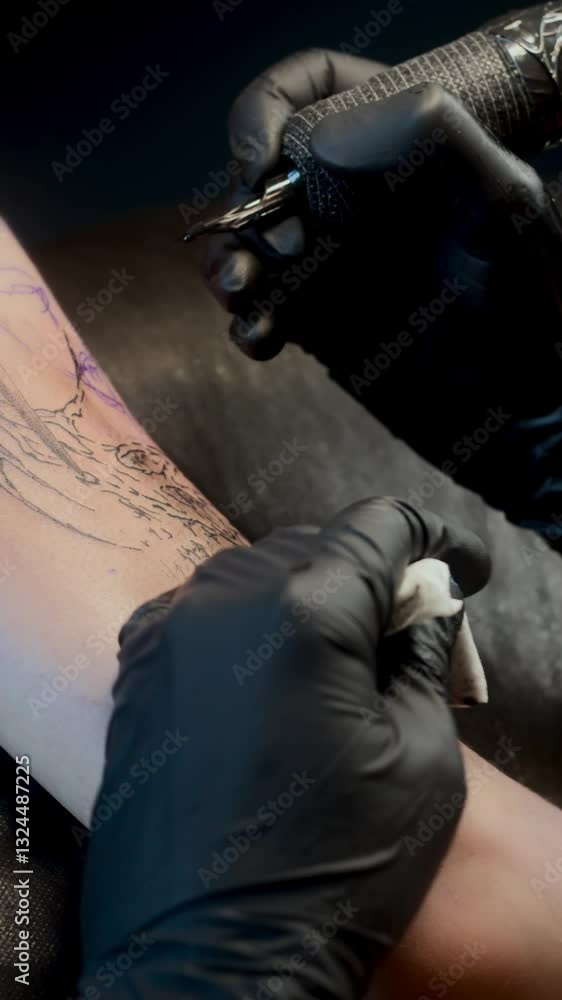 In this 4K vertical close-up slow-motion video at 30fps, a tattoo artist carefully applies ink to the skin with precision, removing the excess with a cloth. The camera moves from right to left. In this 4K vertical close-up slow-motion video at 30fps, a tattoo artist carefully applies ink to the skin with precision, removing the excess with a cloth. The camera moves from right to left.