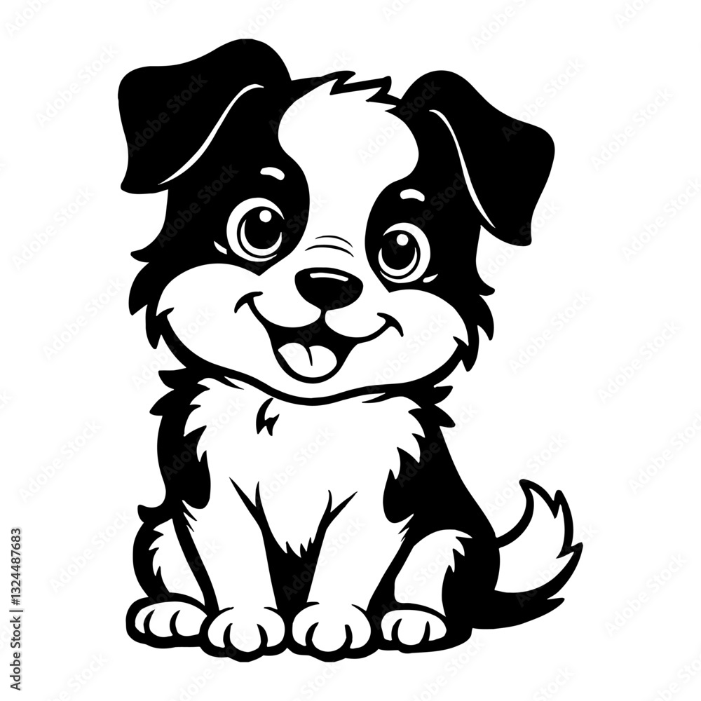 Fototapeta premium Cute Chibi Kawaii Puppy Black and White Outline Line Art Drawing with Smiling Face and Big Eyes 