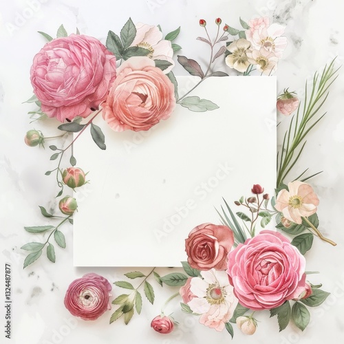 
Victorian-Inspired Floral Watercolor Frame with Blank White Card