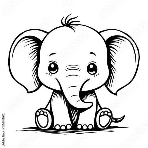 Cute Chibi Kawaii Elephant Sitting with a Smiling Face Detailed Black and White Outline Line Art Drawing