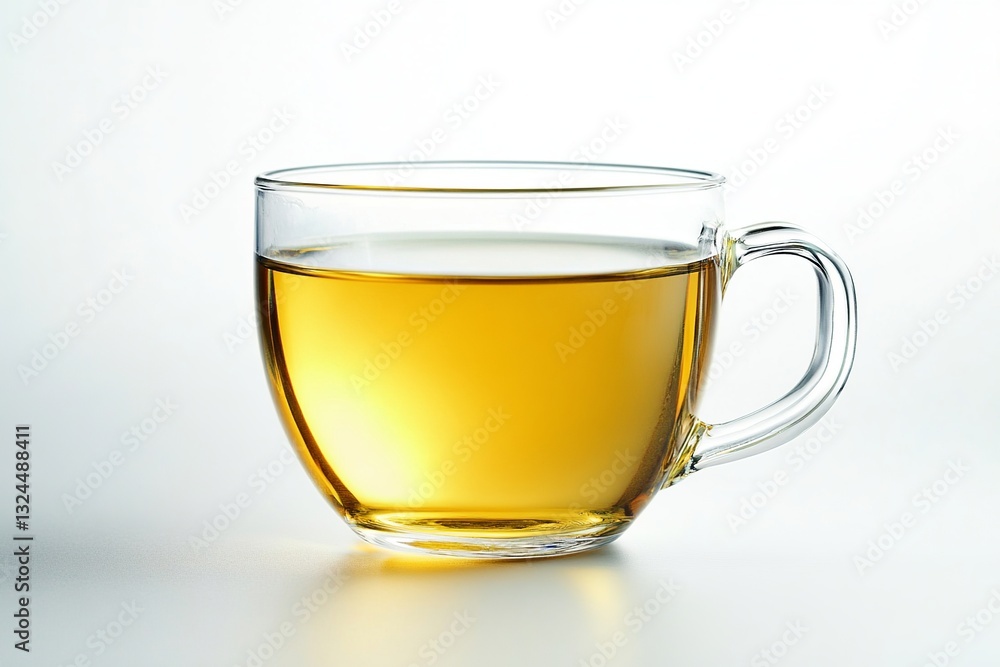 A clear glass cup filled with golden tea, placed on a minimalist surface, with soft lighting