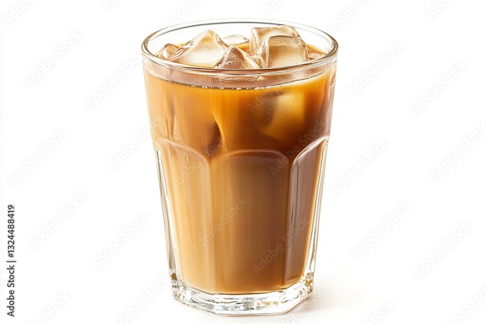A refreshing glass of iced coffee with ice cubes, set against a clean white background A refreshing glass of iced coffee with ice cubes, set against a clean white background