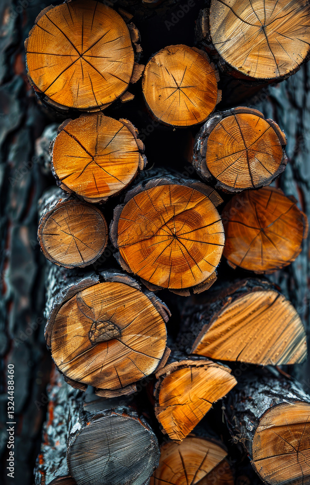 Fototapeta premium Detailed wood grain in logs. Cut logs with vibrant inner wood color are neatly stacked against a textured tree trunk, highlighting nature's beauty.
