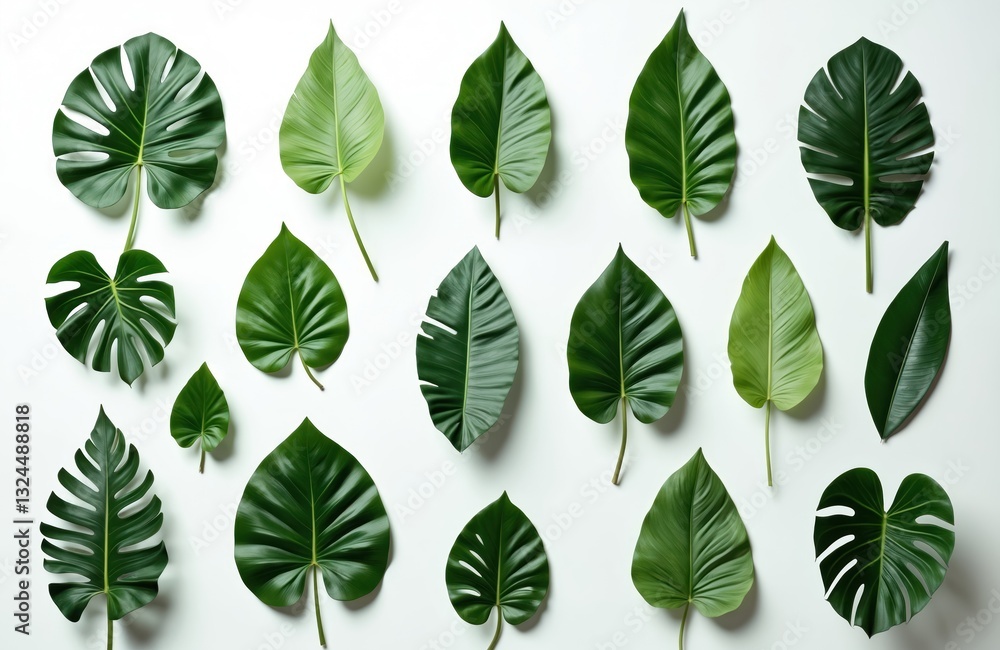 Set of green tropical leaves isolated on white background. Nature botanical foliage collection palm, monstera, banana leaves. Exotic jungle leaf design elements. Natural tree branch from tropic Set of green tropical leaves isolated on white background. Nature botanical foliage collection palm, monstera, banana leaves. Exotic jungle leaf design elements. Natural tree branch from tropic
