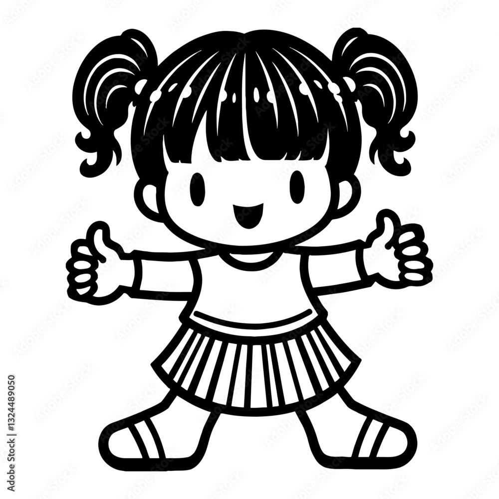 Obraz premium Cute Chibi Kawaii Little Girl Thumbs Up Pose Adorable Joyful Black and White Outline Line Art Drawing
