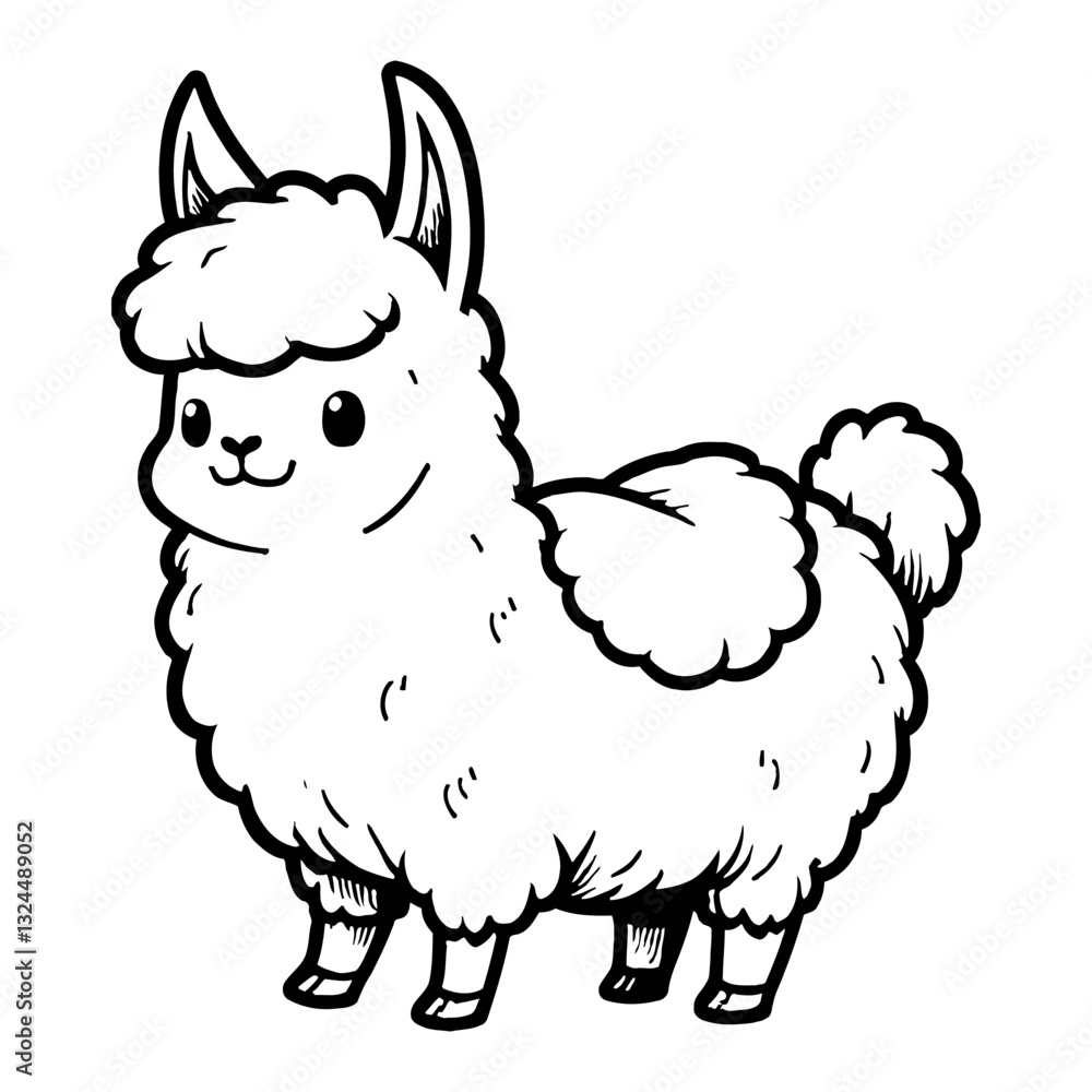 Fototapeta premium Cute Chibi Kawaii Llama Fluffy Furry Animal Cartoon Illustration Black and White Outline Line Art Drawing