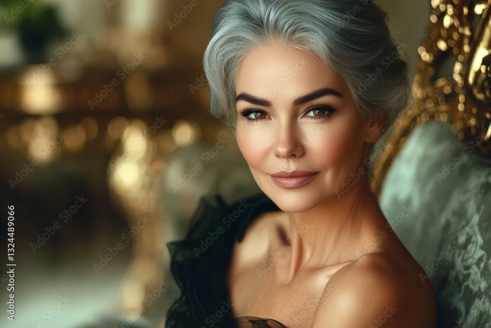 Fototapeta premium Elegant woman with silver hair poses gracefully in luxurious interior setting during soft afternoon light