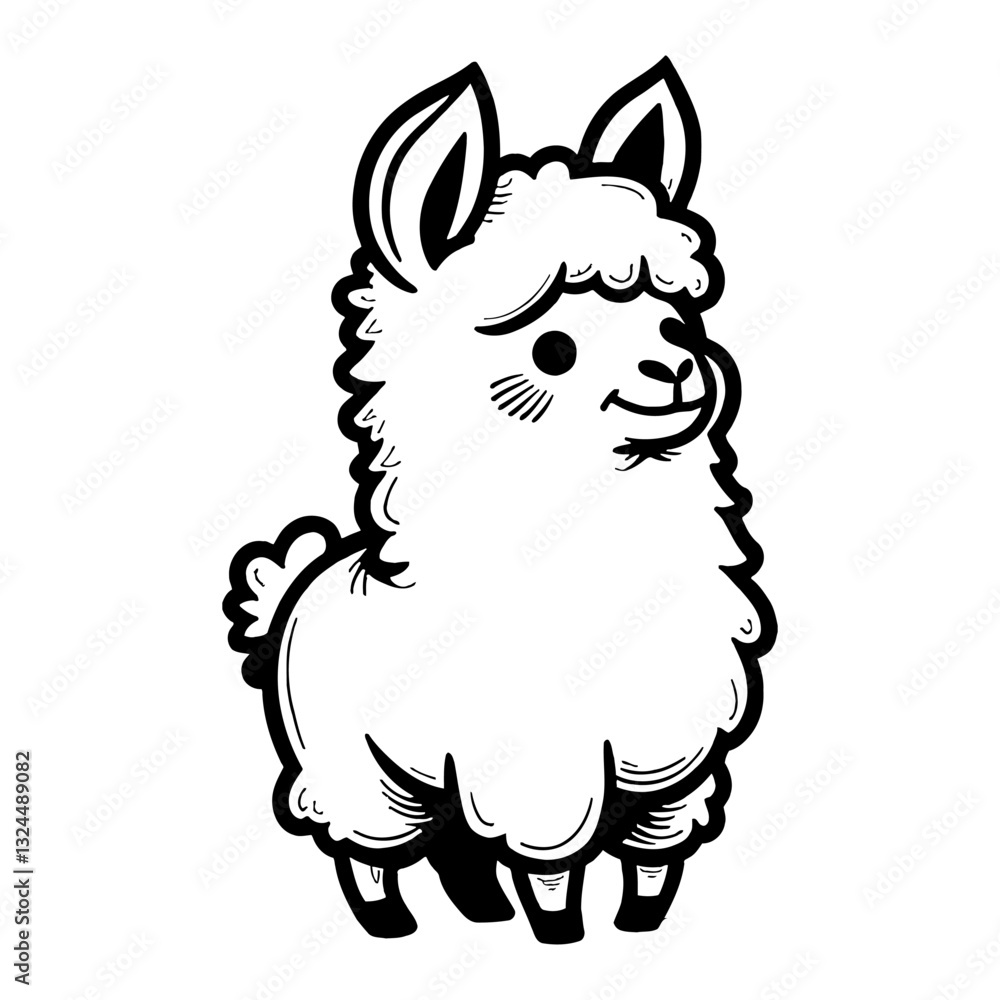 Fototapeta premium Cute Chibi Kawaii Llama Full Body Front View Isolated in Black and White Outline Line Art Drawing