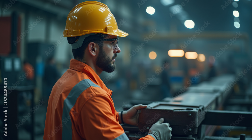 Industrial Factory Worker Operating Machinery in a Manufacturing Facility – Safety, Production, and Skilled Labor