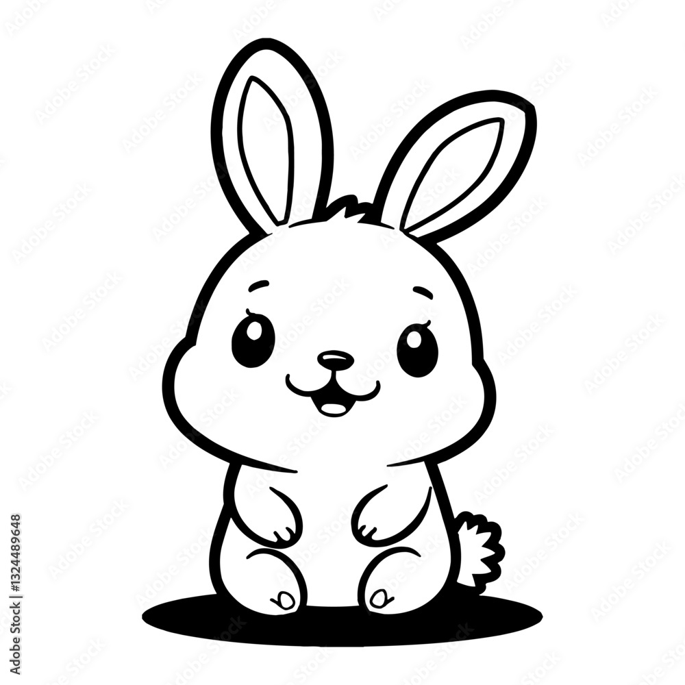 Fototapeta premium Cute Chibi Kawaii Rabbit Sitting with Smiling Face Detailed Black and White Outline Line Art Drawing