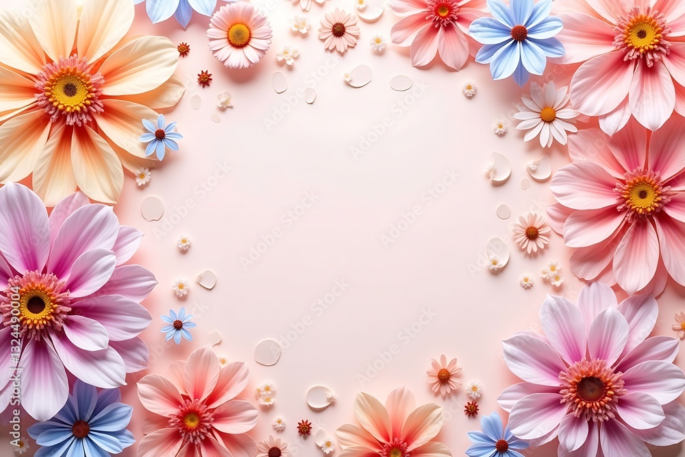 Elegant 3D Floral Border with Soft Pastel Flowers on Light Background Elegant 3D Floral Border with Soft Pastel Flowers on Light Background