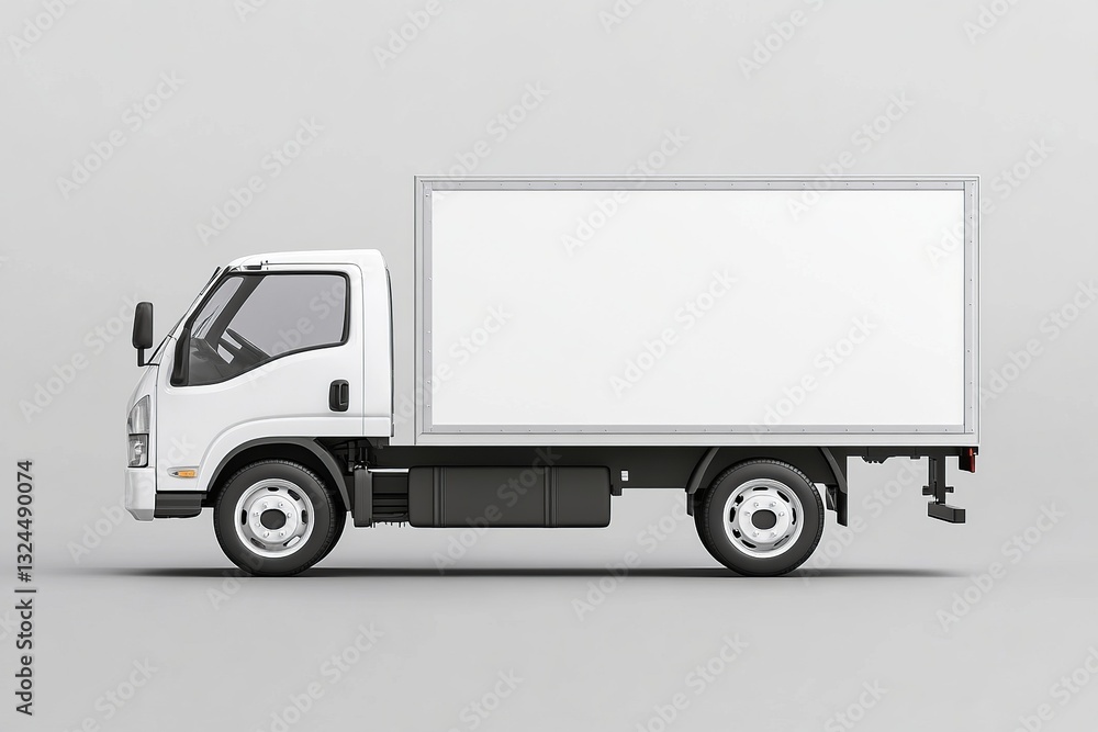 White delivery truck parked on a neutral background, showcasing its spacious cargo area for transport White delivery truck parked on a neutral background, showcasing its spacious cargo area for transport