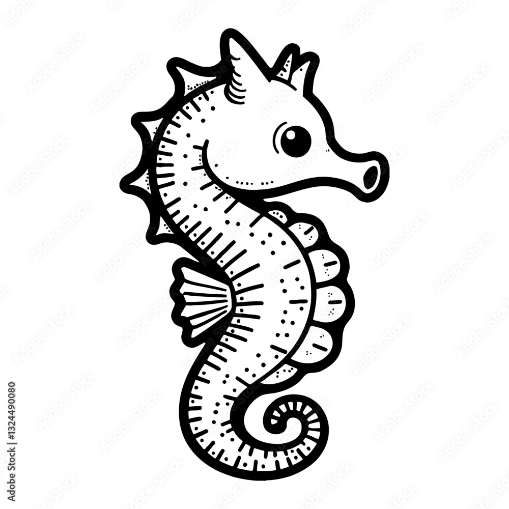 Fototapeta premium Cute Kawaii Seahorse Black and White Outline Line Art Drawing Style with Detail on Isolated Background