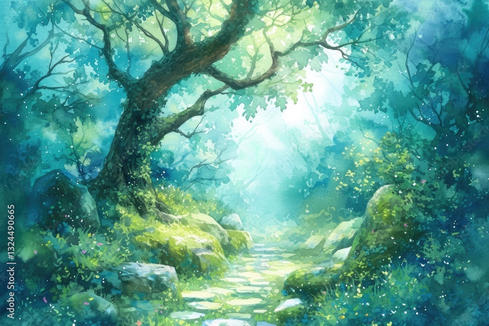 Naklejka premium Serene forest pathway illuminated by soft sunlight filtering through lush green foliage during the early morning hours