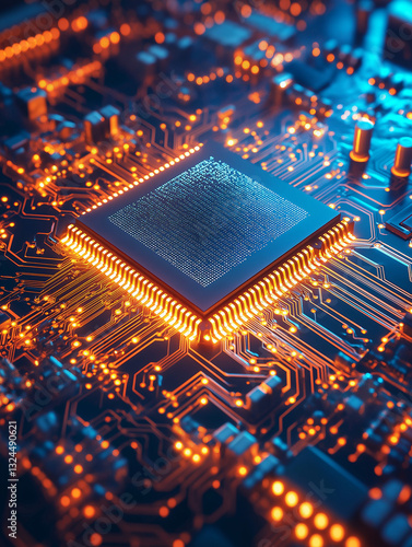 Close-up of a glowing microchip on a futuristic circuit board, depicting advanced technology, semiconductor innovation, artificial intelligence, data processing, and high-performance computing 