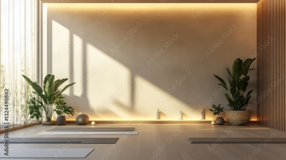 Serene studio space bathed in warm sunlight, perfect for yoga or meditation. Neutral tones and minimalist decor create a calming atmosphere. Serene studio space bathed in warm sunlight, perfect for yoga or meditation. Neutral tones and minimalist decor create a calming atmosphere.
