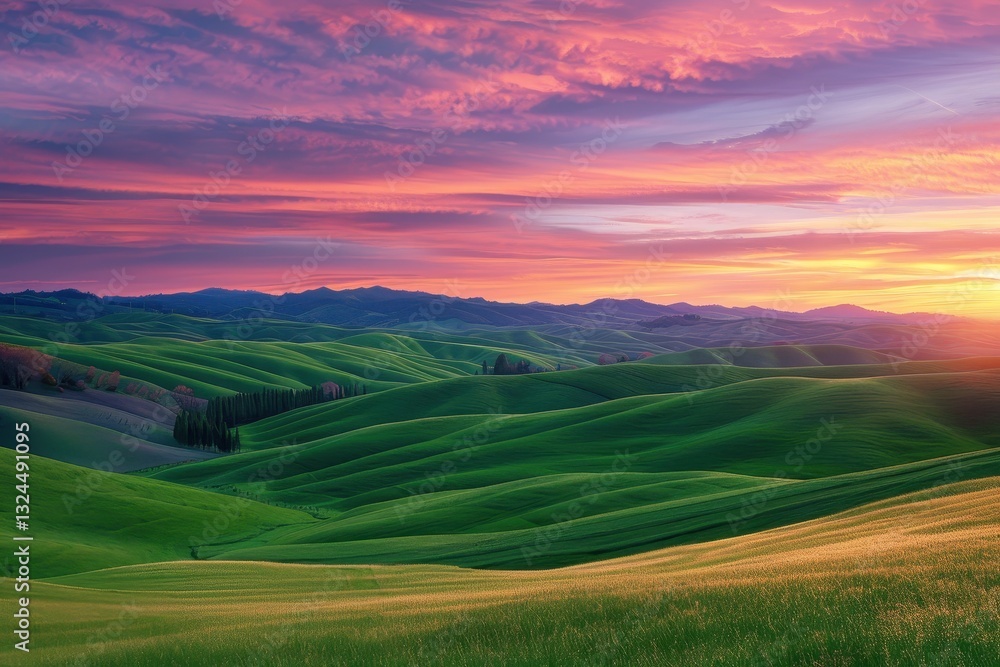 Fototapeta premium Vibrant landscape showcasing rolling green hills and colorful sky at sunset over majestic mountains