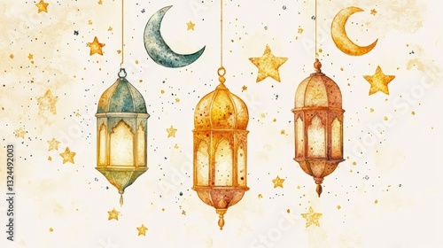 Watercolor Elegant lanterns, crescent moon, and stars creating a festive atmosphere for ramadan or eid al-fitr celebrations