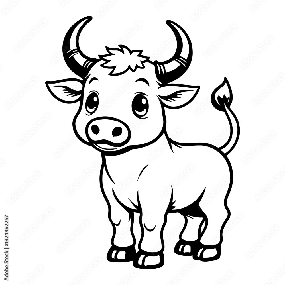 Cute Kawaii Bull Calf with Big Eyes Front View Vector Black and White Outline Line Art Drawing Cute Kawaii Bull Calf with Big Eyes Front View Vector Black and White Outline Line Art Drawing