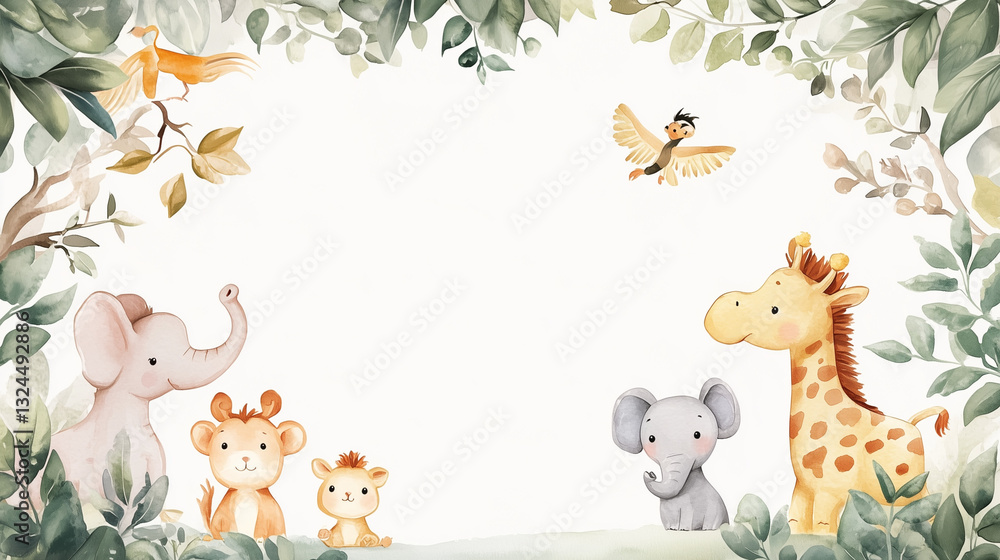 Obraz premium Charming Watercolor Illustration of Cute Cartoon Animals in a Forest