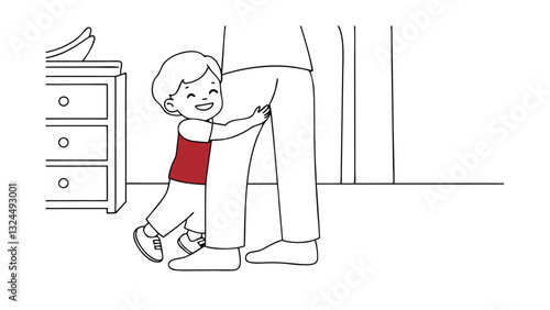 Happy Child Hugging Fathers Leg, Home Interior, Family Love