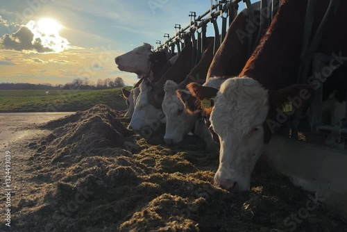 Feeding time at the cow farm 