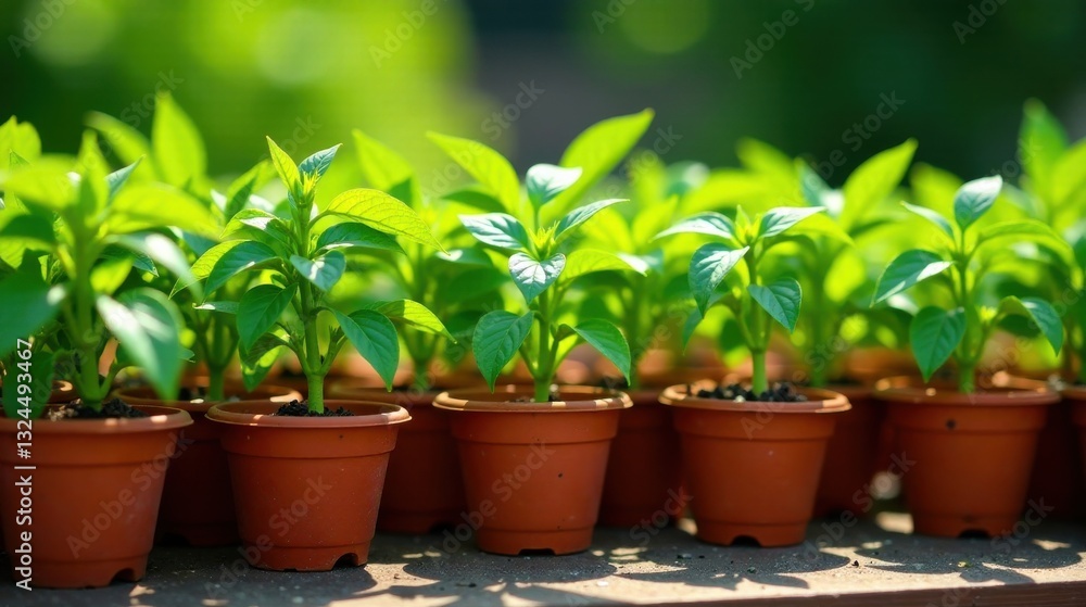 Obraz premium Vibrant young seedlings thriving in terracotta pots, bathed in sunlight, showcasing early growth and healthy leaves in a nurturing environment