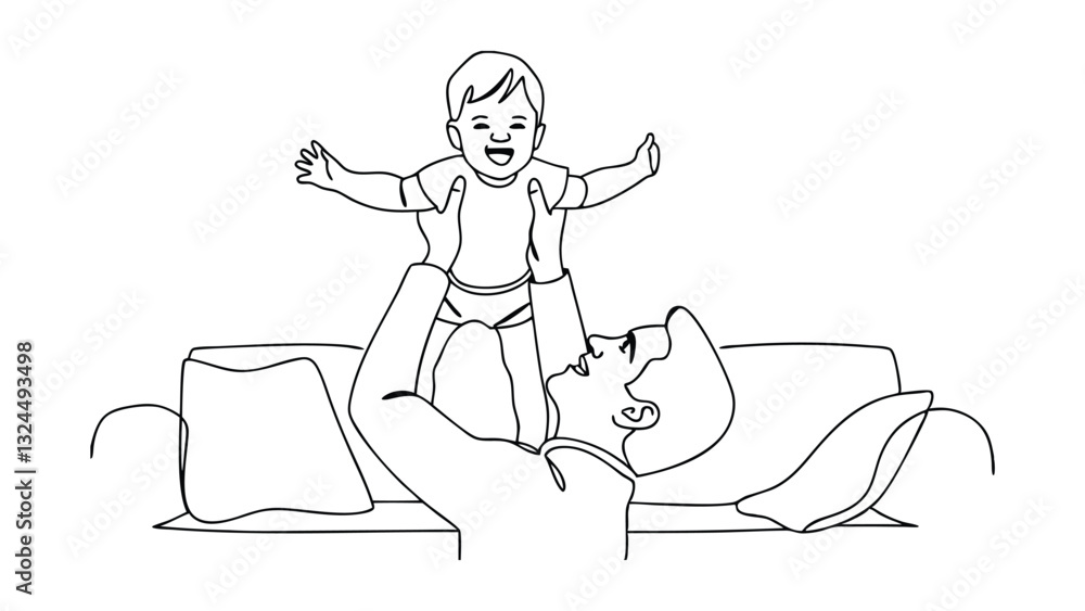 Obraz premium Happy Father Son Playful Moments Couch Line Art Drawing