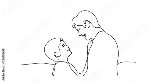Continuous Line Art Father and Son, Happy, Smiling, Loving, Embrace, Connection, Bond, Portrait, Min