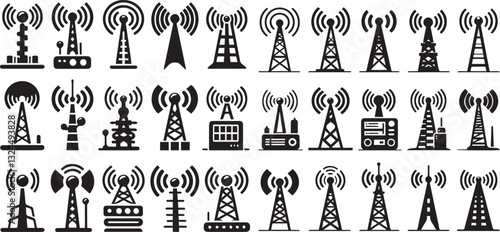 Antenna tower icon collection. Wireless radio signal symbol set.