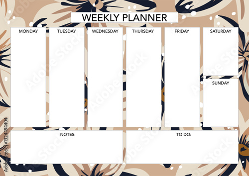 Weekly planner template with florals. Abstract modern design. Blank printable sheet.