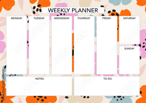 Weekly planner template with florals. Abstract modern design. Blank printable sheet.