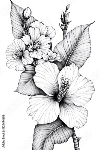 Monochrome hibiscus flower bouquet, elegant botanical illustration, white background, design element