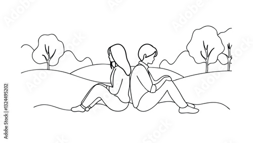 Couples Silent Dispute BacktoBack, Hillside, Trees, Sadness, Outdoor Scene
