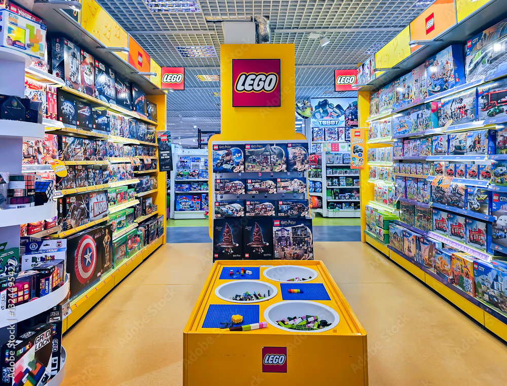 Naklejka premium LATVIA, RIGA, MARCH, 10, 2025: Large Lego department in Stockmann shopping mall, Riga. Latvia